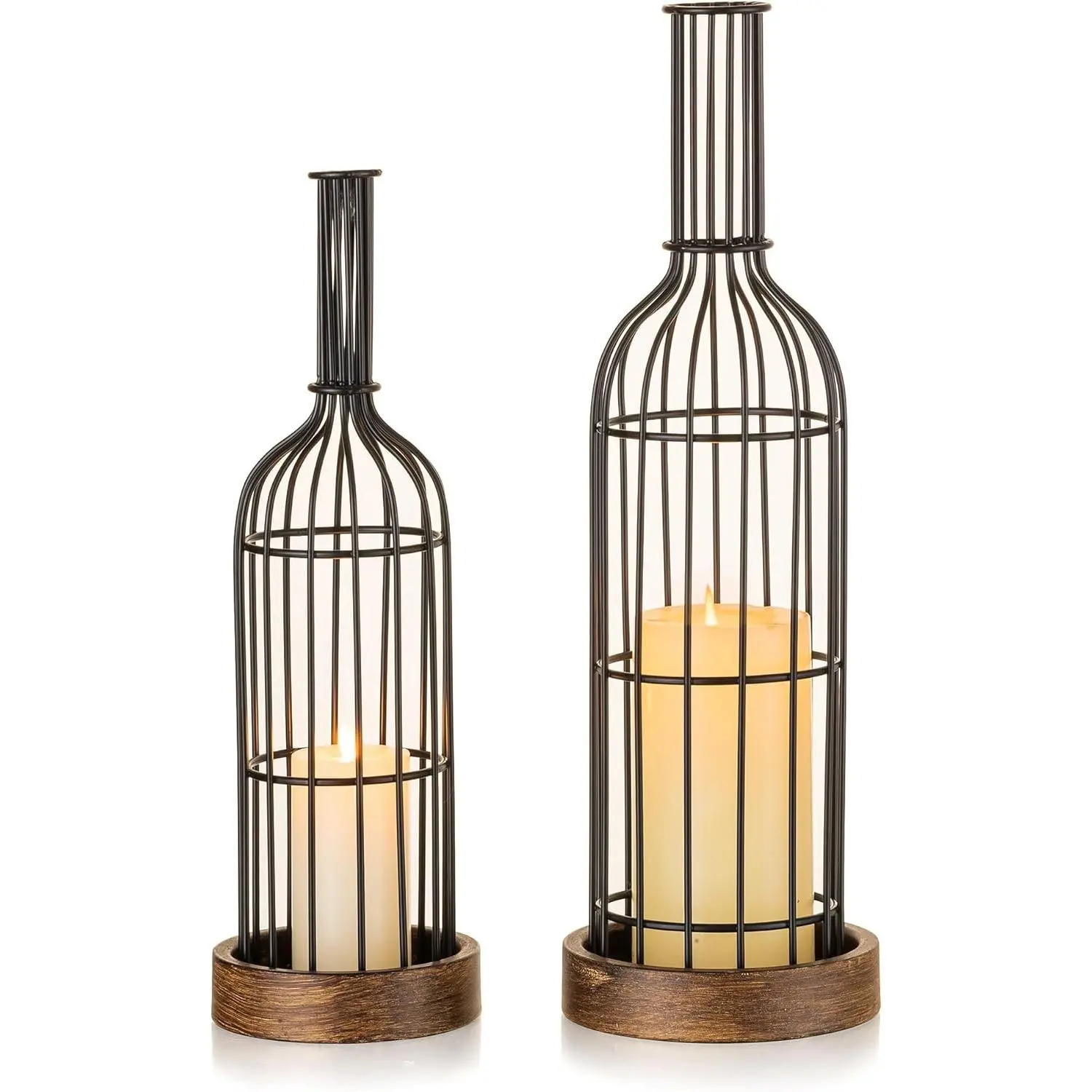Farmhouse Decorative Indoor Lanterns Wine Decor for Kitchen 16" & 13" Wine Bottle Candle Holder Set of 2 for Table Centerpiece Mantel Shelves and Parties Vintage Home Decor