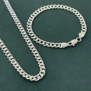 2Pcs/set 925 Silver plated 7mm Sideways Men's women Chain Necklace Bracelet Set Jewelry Gift-22IN/24IN