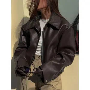 Women'S Vintage PU Motorcycle Jacket - Burgundy Biker Coat with Zipper Closure, Non-Stretch Fabric, All-Season Casual Outerwear for Women, Motorcycle Riding, Everyday & Formal Events, Motorcycle Gear, Retro Fashion, Durable Construction