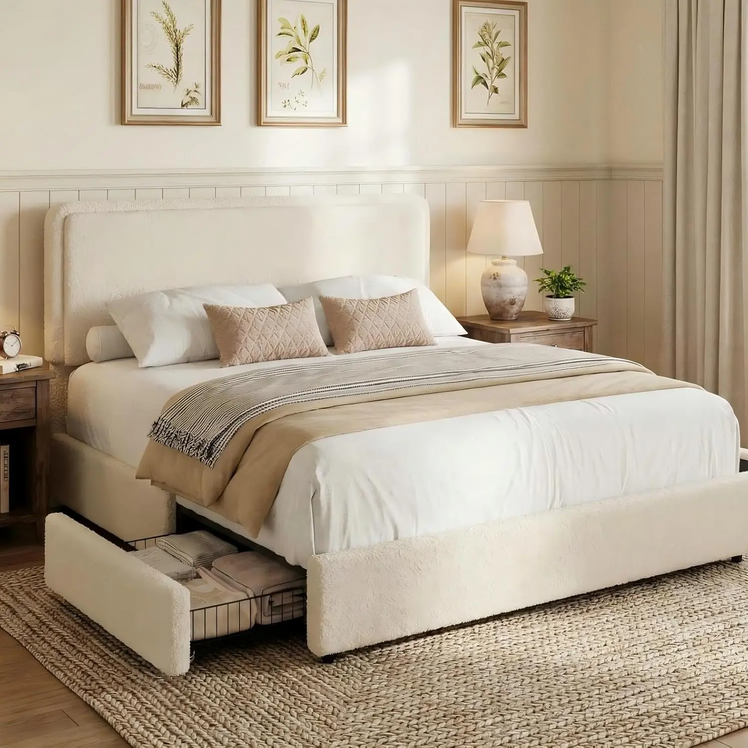 ✨Thick Teddy Fleece Platform Bed | Adjustable Headboard + 2 Underbed Storage Drawers | No Box Spring Needed (Beige)