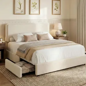✨Thick Teddy Fleece Platform Bed | Adjustable Headboard + 2 Underbed Storage Drawers | No Box Spring Needed (Beige)
