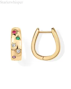Trendy 14K Gold Plated Chunky Huggie Hoop Earrings for Women, Multi-Colored CZ Statement Jewelry, Perfect Daily & Gift Accessory
