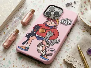Cute Cartoon Girl Phone Case – Aesthetic Pink iPhone Cover, Kawaii Character Protective Case