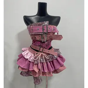 Preppy Style Vintage Red Denim Bustier Tops + Sweet Spicy Pure Design Mini Cake Skirt Women 2 Piece Sets Summer 2025 Korea Style