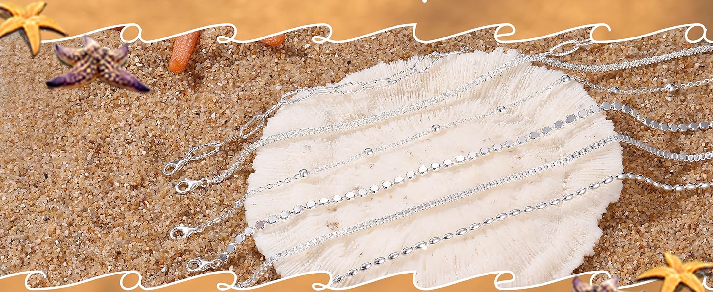 LOLIAS 925 Sterling Silver Ankle Bracelets for Women Gold Silver Anklet Adjustable Women's Anklets Waterproof Dainty Layered Anklet Set Ankle Chains Beaded Rope Link Beach Anklets for Women