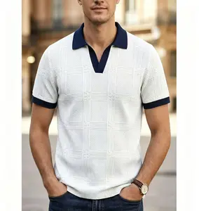 Men's Breathable Knit Polo Shirt, Classic Plaid Jacquard Contrast Collar Polo, Stretchy Soft Short Sleeve Golf Shirt, Navy Summer Casual Casual