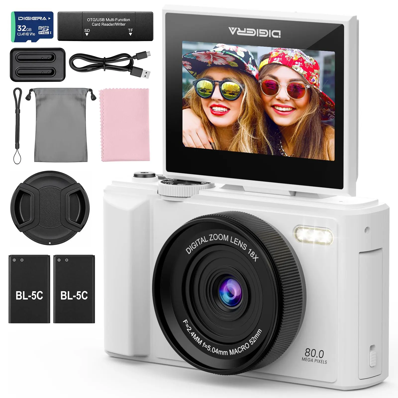 DIGIERA 80MP 5K Compact Digital Camera with 180° Selfie Flip Screen, WiFi Instant Transfer, 18X Digital Zoom, Lightweight Travel Camera for Teens Students,tiktokshopbacktoschool