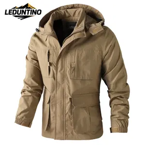 LEDUNTINO Men's Beige Khaki Stylish Plain Long-Sleeve Stand-Up Collar Loose-Fit Menswear Jacket - Multiple Pockets, Waterproof, Casual Top for Everyday, Outdoor Wear