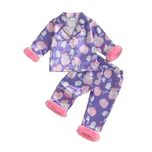 REDWOON Toddler Baby Girl Halloween Fuzzy Pajamas Set Pumpkin & Ghost Button Down Shirt and Pants Holiday Pjs for Kids Loungewear Set