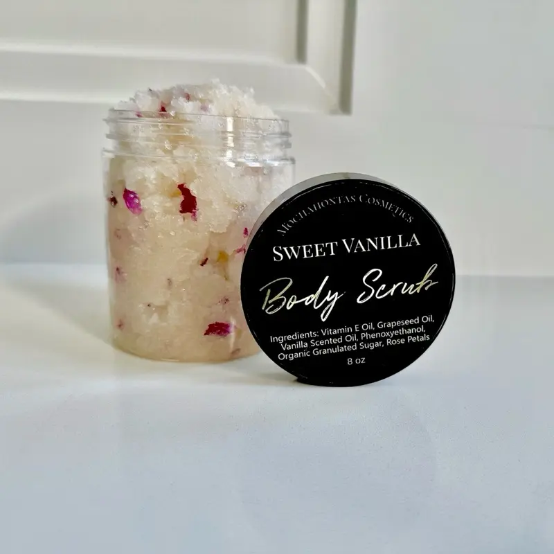 Mochahontas Cosmetics Sweet Vanilla Body Scrub - 8 oz - Vitamin E & Grapeseed Oil Infused with Vanilla Scented Oil & Organic Sugar