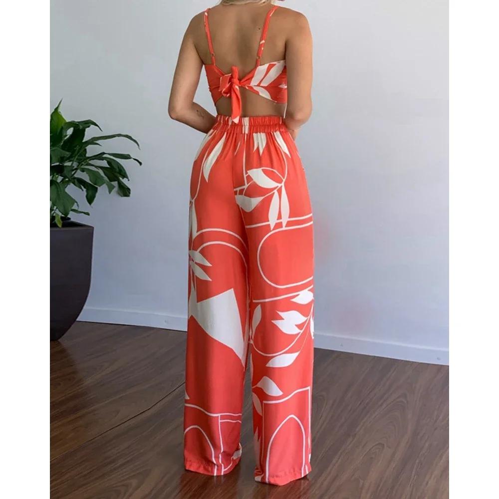 Tropical Print Spaghetti Strap Casual Lace up Back Top &High Waist Pants Set