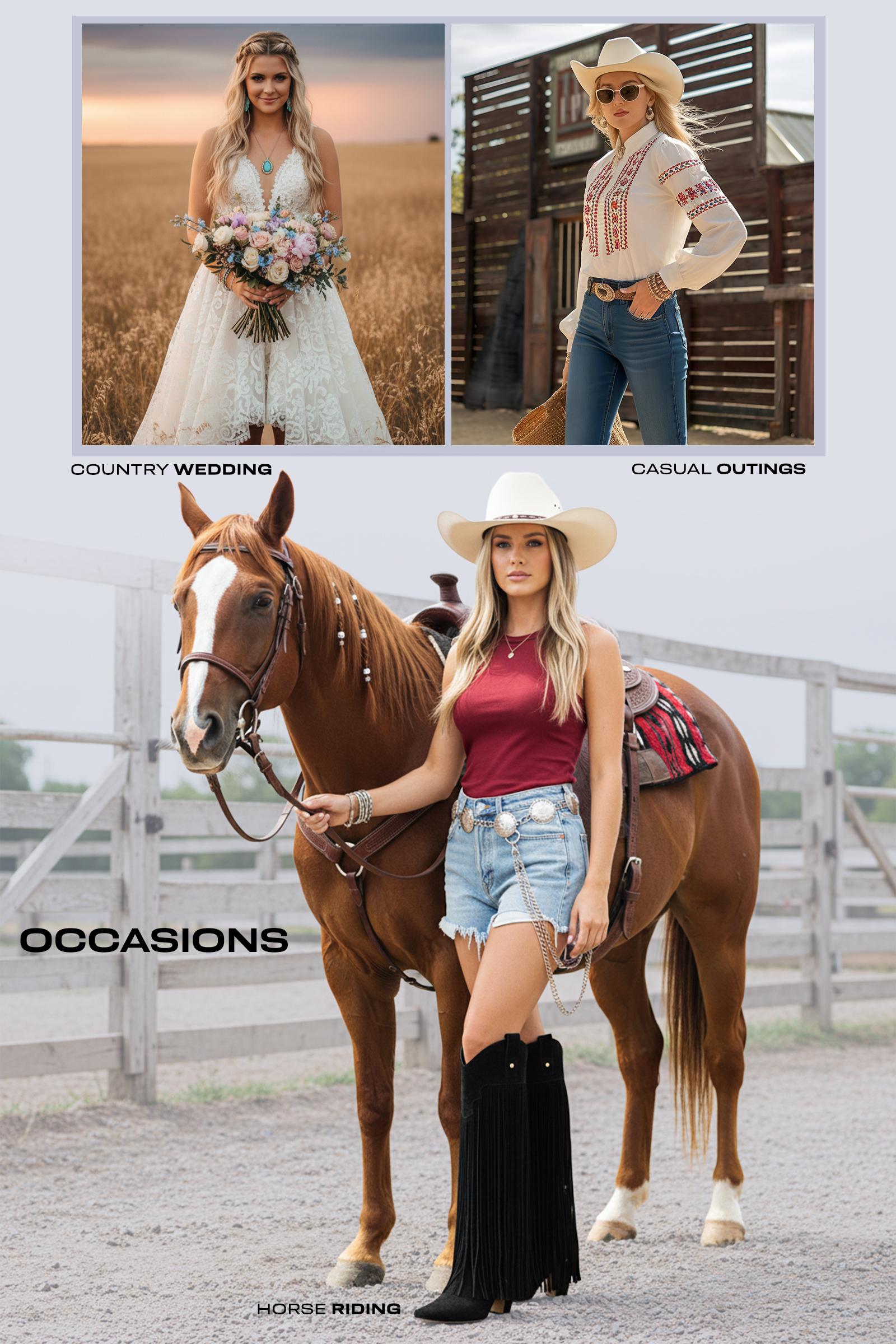 CELNEPHO Women Cowboy Boots Square Toe Knee High Fringe Boot Easy Pull on Tabs Metal Studs Western Design Cosplay Wear Party Horse Riding Country Wedding Dress Shoes