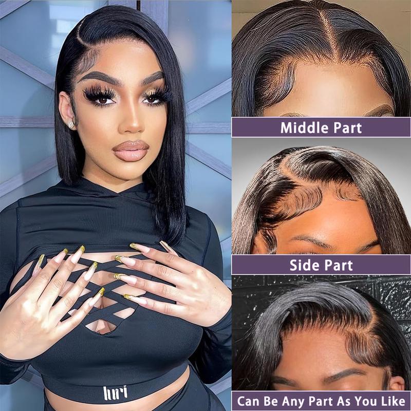 Bob Wig 100% Human Hair Wigs Glueless Lace Front 180% Density 10 Inches Bob, Pre Cut Plucked Lace Short Wig Ready To Go Natural Color Straight Bleached Knots Black Wigs