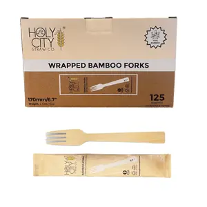 Holy City Straw Co. Wrapped Bamboo Forks | 750ct. | 6.7in | Compostable & Plastic-Free | Great for Foodservice & Hospitality, To-Go Disposable Plastic