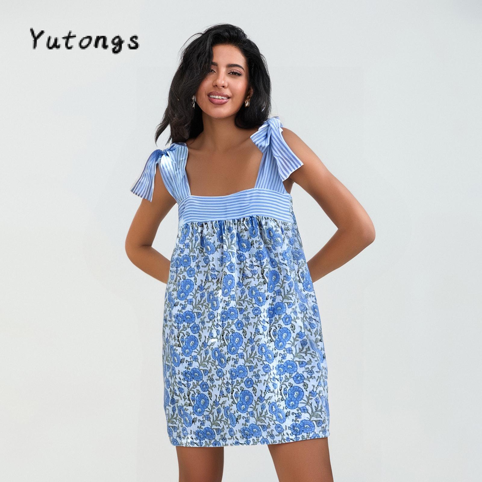 #TikTokShopBacktoSchool Women Sleeveless A-Line Dress Summer Casual Floral/Stripe Print Tie up Straps Loose Party Dress