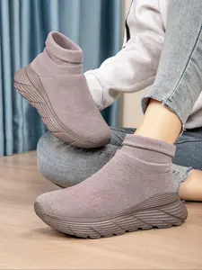 Women's Solid Color Slip on Sock Sneakers, High Top Sneakers, Casual Comfortable Breathable Sports Running Shoes, All-match Basic Shoes for Daily Wear, Plain Color Sneakers