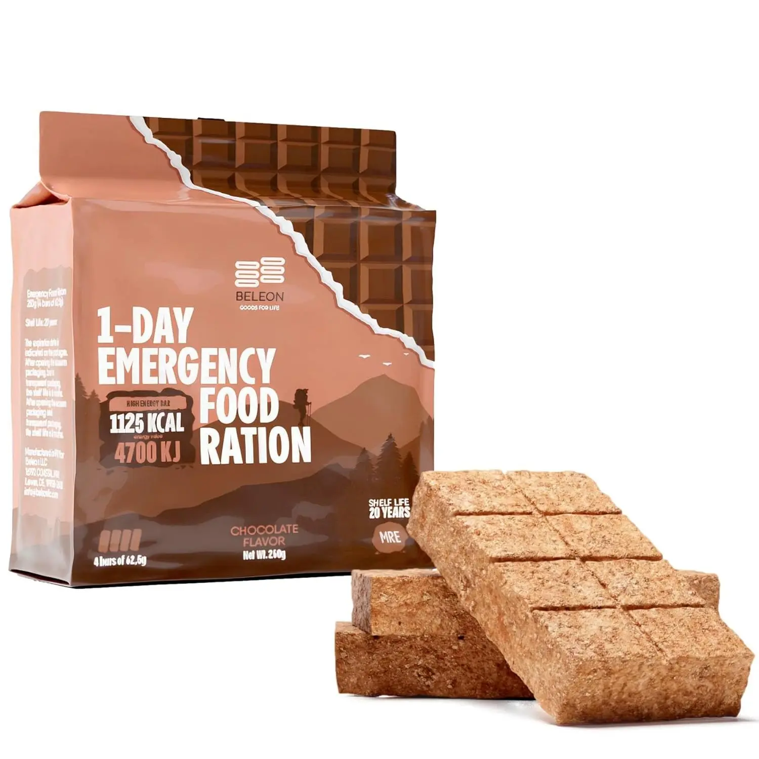 Emergency Food Supply Chocolate Survival Ration Bar, 1 Day Meal, 20-Year Shelf Life, High Energy Ready-to-Eat Food