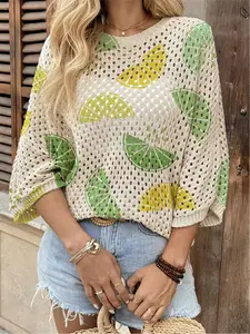 Spring/Summer style, crew neck hollow-out loose batwing sleeve cardigan, lemon print women's knit top, vacation style, casual and elegant for commuting, women's vest cardigan, bikini cover-up, bohemian vacation style beach cover-up.