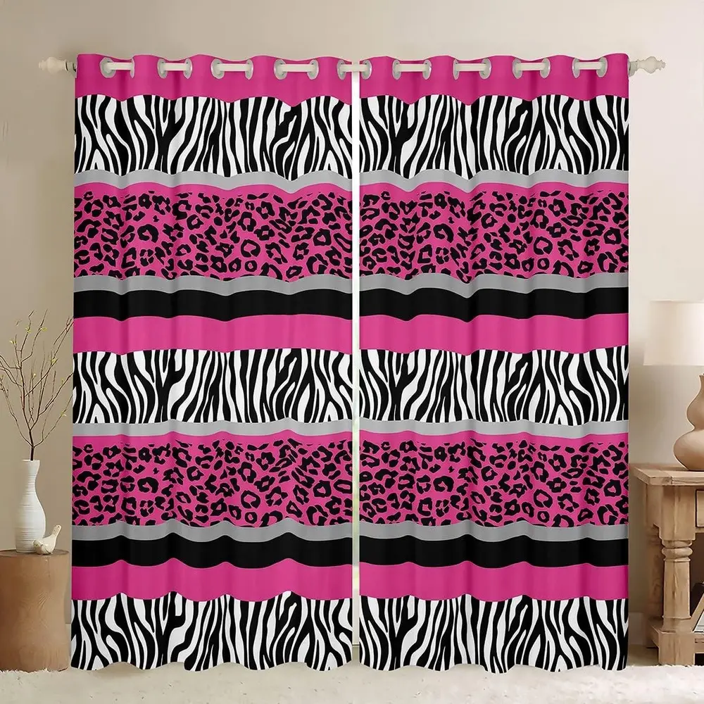 Zebra Stripes Window Curtains for Bedroom Decor Leopard Print Curtains For Boys Girls Boys Girls Pink Black White Zebra Leopard Fur Window Drapes Wild Animal Skin Window Treatments,Mother's Day Gifts,Summervibes