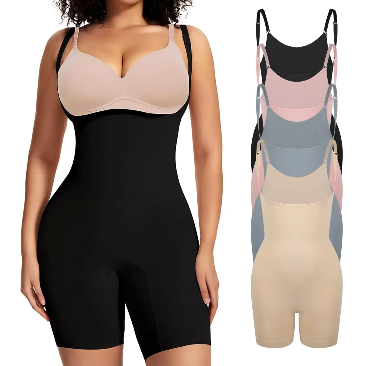 Women's Plus Size Shaper Bodysuit, Soft Open-Bust Mid-Thigh Design with Tummy Control and Butt Lifter Compression, Basic