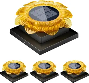 4 Pack Solar Post Cap Lights Outdoor，Fence Solar Powered Cap with Waterproof Sunflower Design and Warm White Lighting for Deck Patio Garden Decor, Fits 4x4 5x5 6x6 Vinyl/Wooden Posts