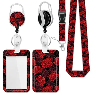 ID Badge Holder with Lanyard, Red Roses Retractable Badge Reel with Swivel Belt Clip,Breakaway Lanyard Name Card Tag Vertical ID Protector Badge Clip for Women Nurse   Teacher Student