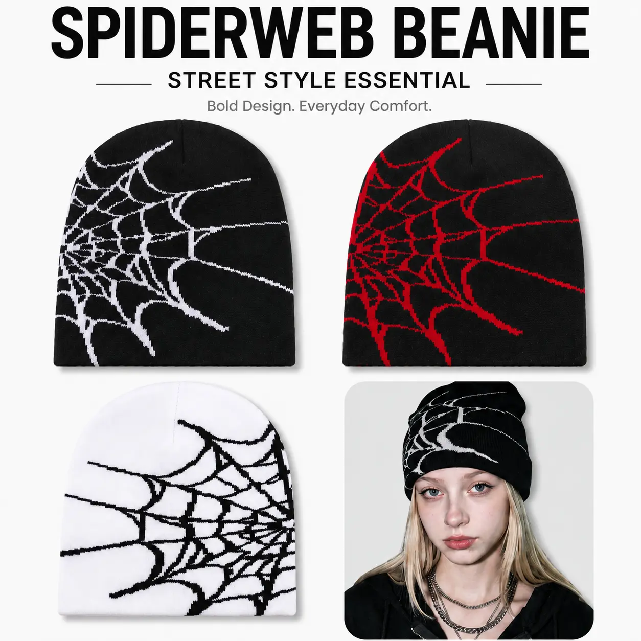 Y2K Spider Embroidered Beanie, Gothic Street Style Knit Skull Cap Hat, Soft Stretch Acrylic Hat for Men Women, Trendy Casual Streetwear Back to School Outfit fashionable headwears