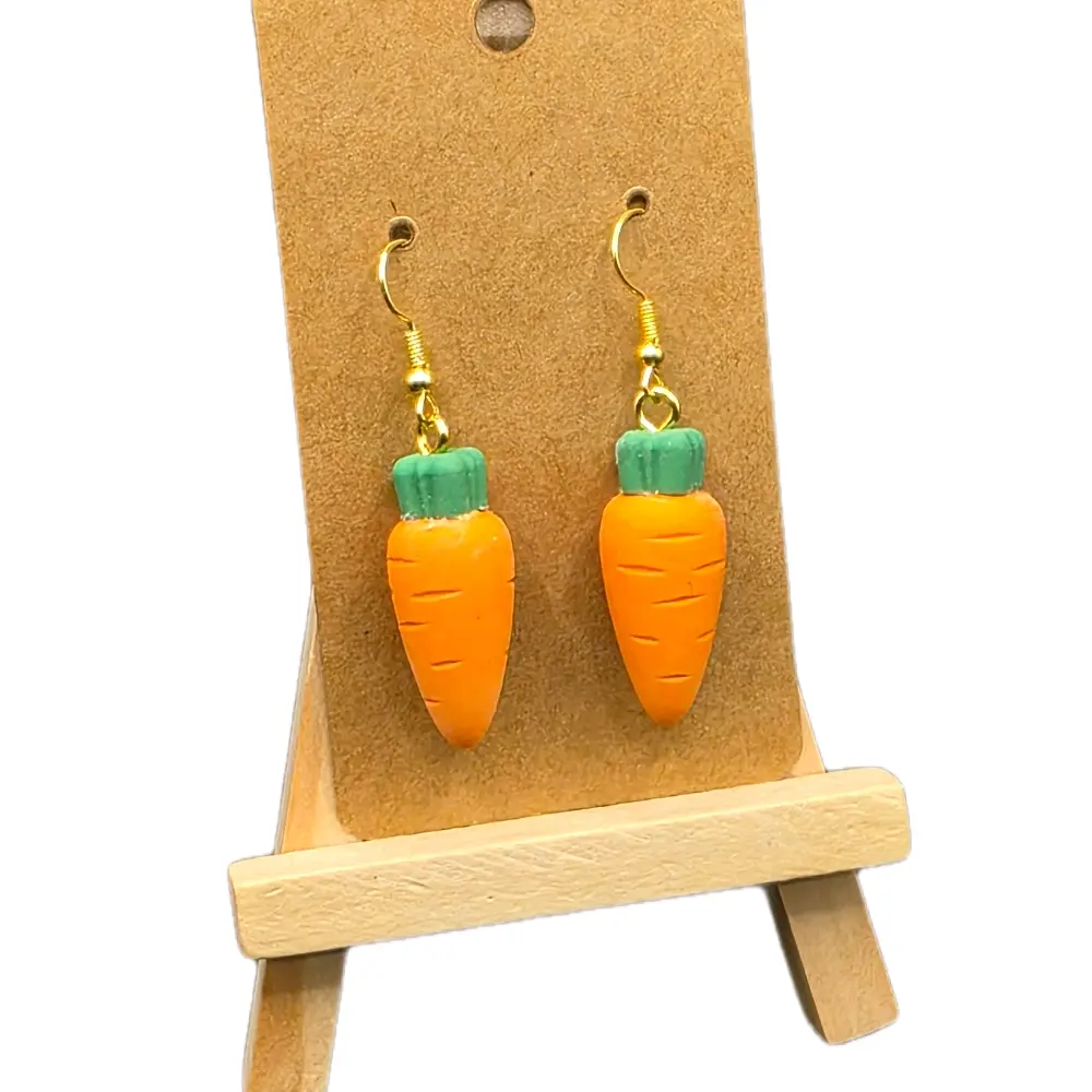Women's Handmade Carrot-Shaped Dangle Earrings - Orange with Green Top, Gold Hooks, Fashionable Unique Casual Easter Costume Jewelry Accessories