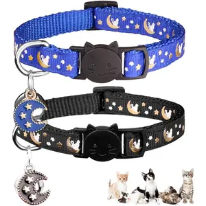 2Pcs Breakaway Cats Collars Cat Collars for Boy Cats Moons Adjustable Kitten Collars with Bell & Pendant Glow in The Dark,Black+Blue