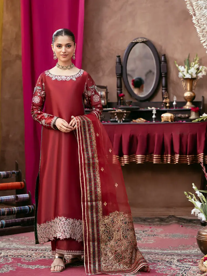 Women's 3-Piece Pakistani Silk Suit, Ready to Wear Party Dress with Sequin Embroidered Shirt, Palazzo Pants & Lace Organza Dupatta, Lady, Printed, Scallop, Elegant, Embroidery