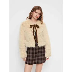 Cider Faux Fur Round Neckline Bowknot Long Sleeve Jacket