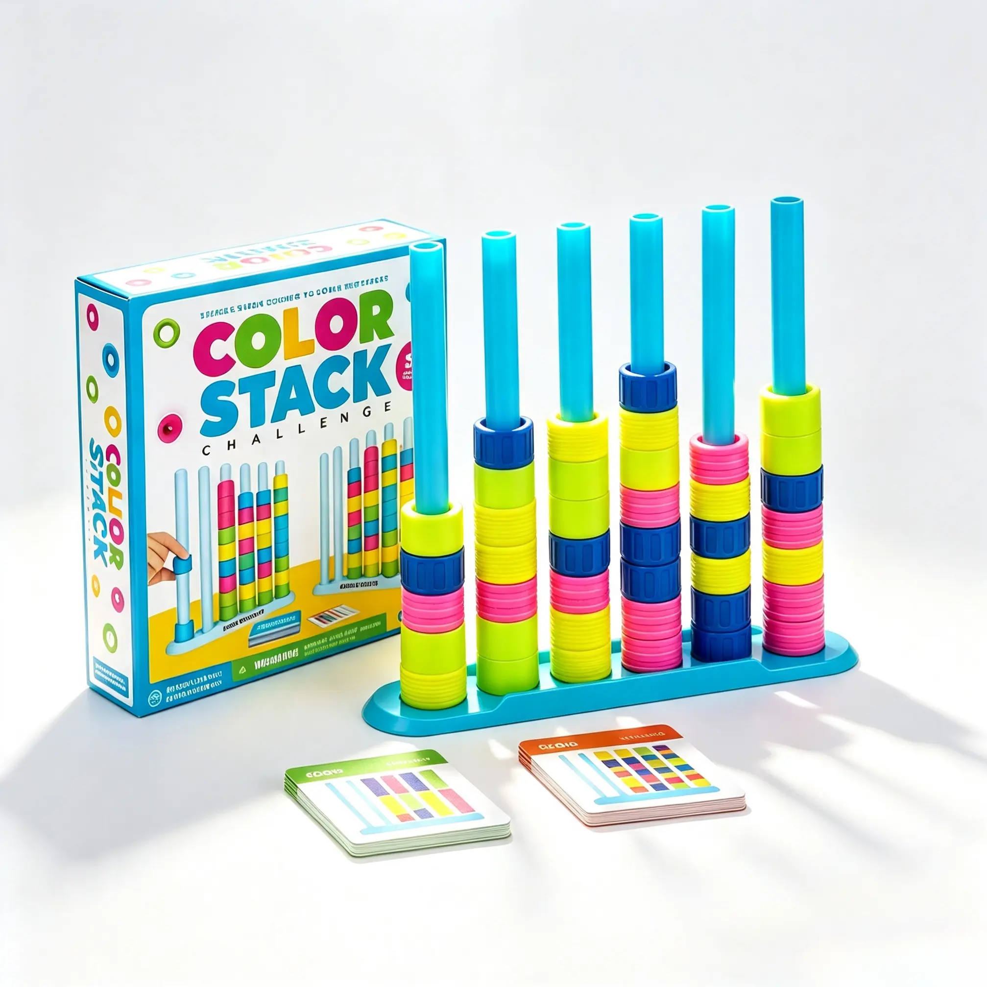 Plastic Color Stack Challenge Puzzle Game - Fast-Paced Sorting Toy for Families, Boost Focus Brain Training for Casual Party Entertainment & Classroom Activities, Complete Set with Rack, 40 Rings, 50 Dual-Difficulty Cards