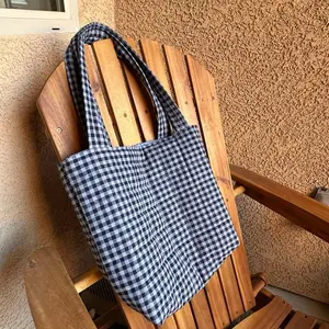 Women's Handmade Gingham Tote Bag with Blue Sparrow Floral Liner 100% Cotton Customizable Made to Order
