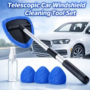 Windshield Cleaning Tool for Car Interior, Extendable Car Window Cleaner with 4 Microfiber Pads, Streak-Free Auto Glass Cleaning Kit for Windshield & Home Windows