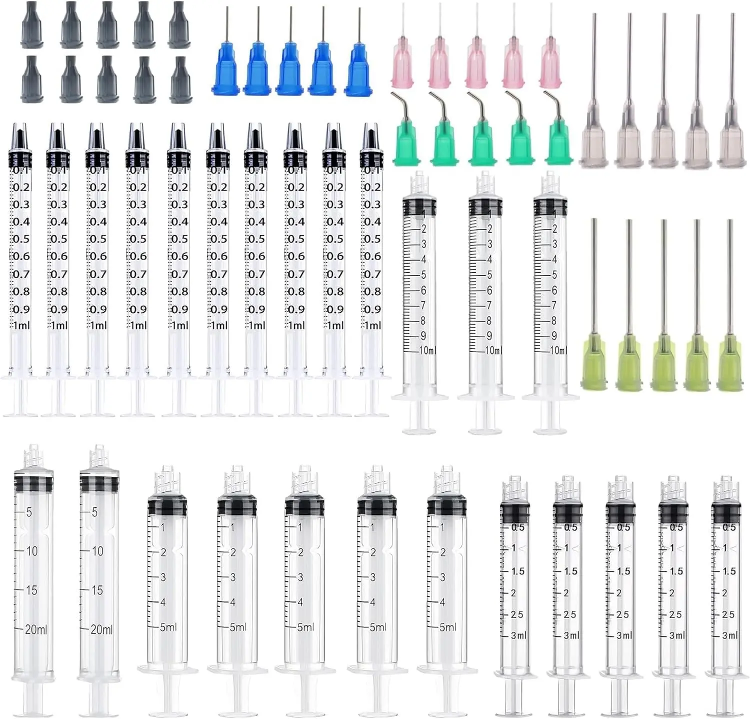 25 Pack Glue Dispenser Syringes 1ml 3ml 5ml 10ml 20ml with 14ga 16ga 18ga 20ga 22ga Tips and Caps for Measuring Refilling Glue Applicator or Oil