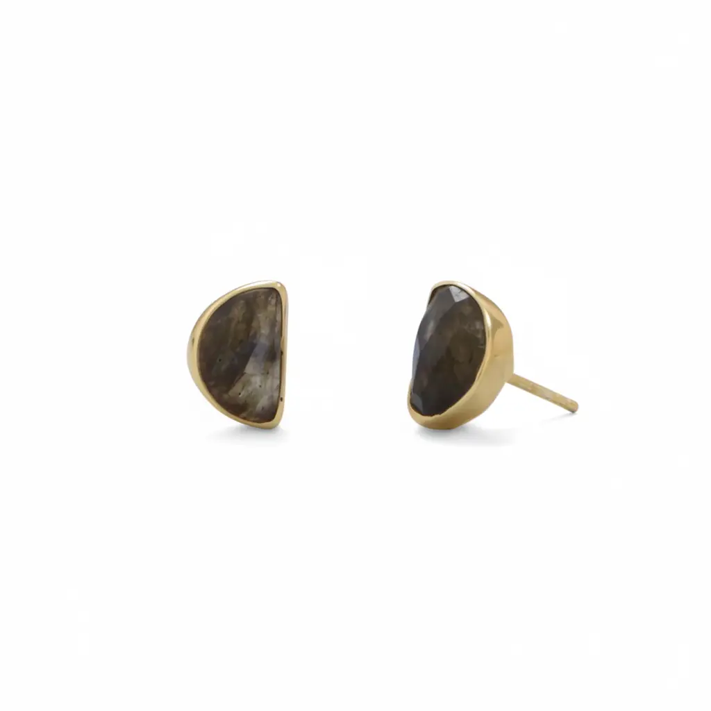 Labradorite Half Moon Stud Earrings 14K Gold Plated 925 Sterling Silver 6x10mm