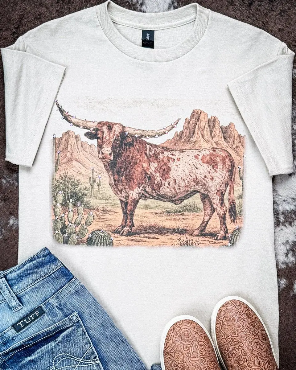 Women's Mesa Ridge Rhinestone Longhorn Short-Sleeve Cotton Tee - Tan, Soft, Breathable Fabric, Graphic Aesthetic