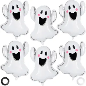 Halloween Ghost Balloons, 6 Pcs White Ghost Shaped Foil Balloon, Large Mylar Balloons for Trick or Treat Halloween Themed Party Decoration