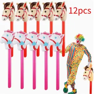 12 Pieces Inflatable Stick Horse Cute Horse Head Stick Blow up Balloon Colorful Cowboy Cowgirl Party Decorations for Themed Birthday Party(Pink and Red)