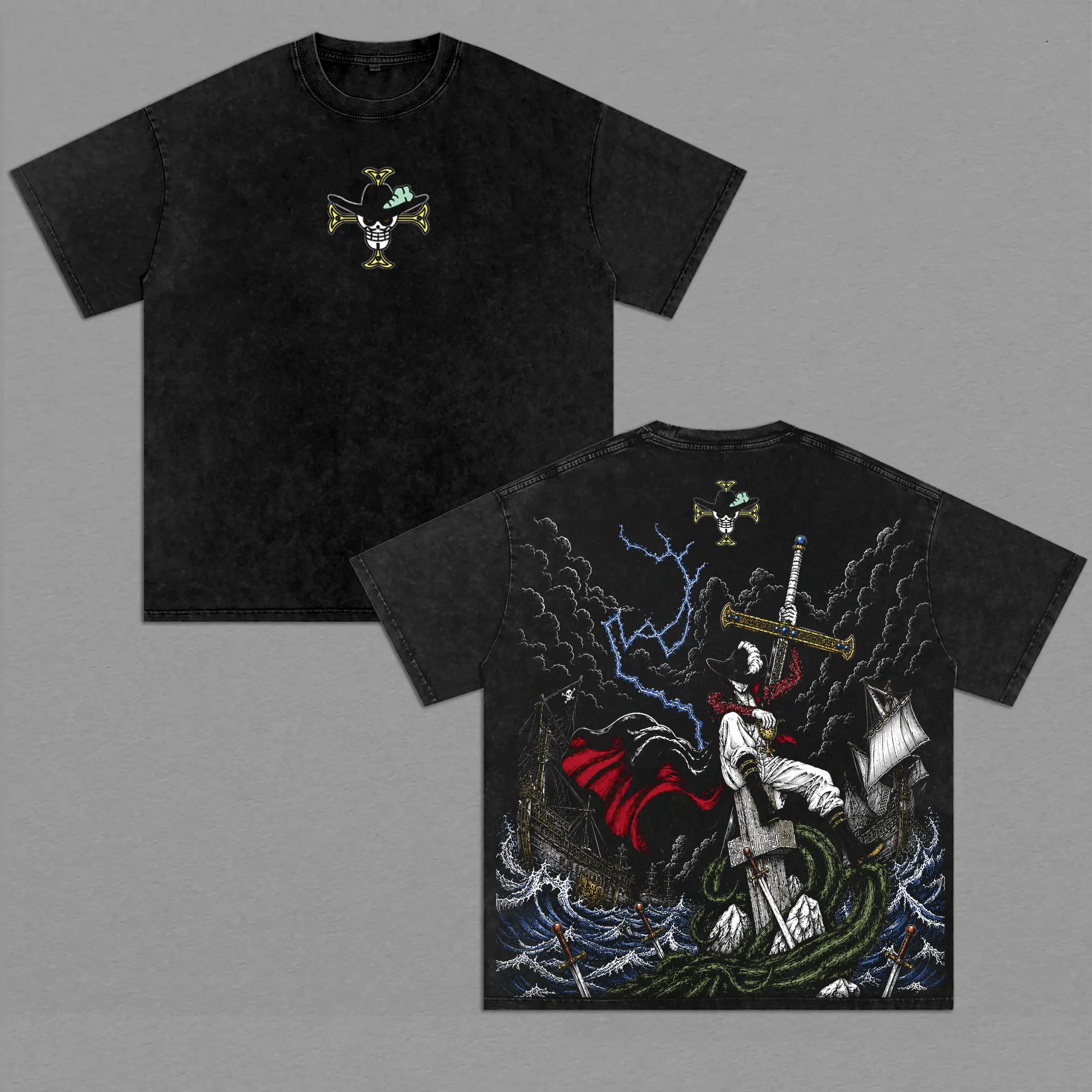 Dracule Mihawk - OP Anime Vintage Washed Shirt Greatest Swordsman Graphic Tee Warlord Pirate Streetwear
