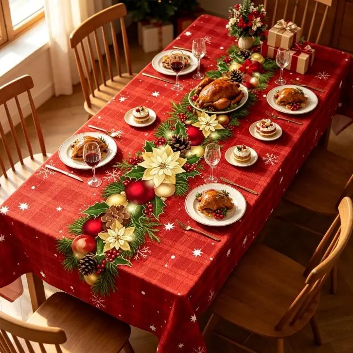 Christmas Red Plaid Tablecloth, Waterproof Stain Resistant PVC Table Cover With Poinsettia & Xmas Ornament Pattern, Rectangle Square Holiday Decor Table Cloth For Dinner Party Kitchen Home Christmas Decorations