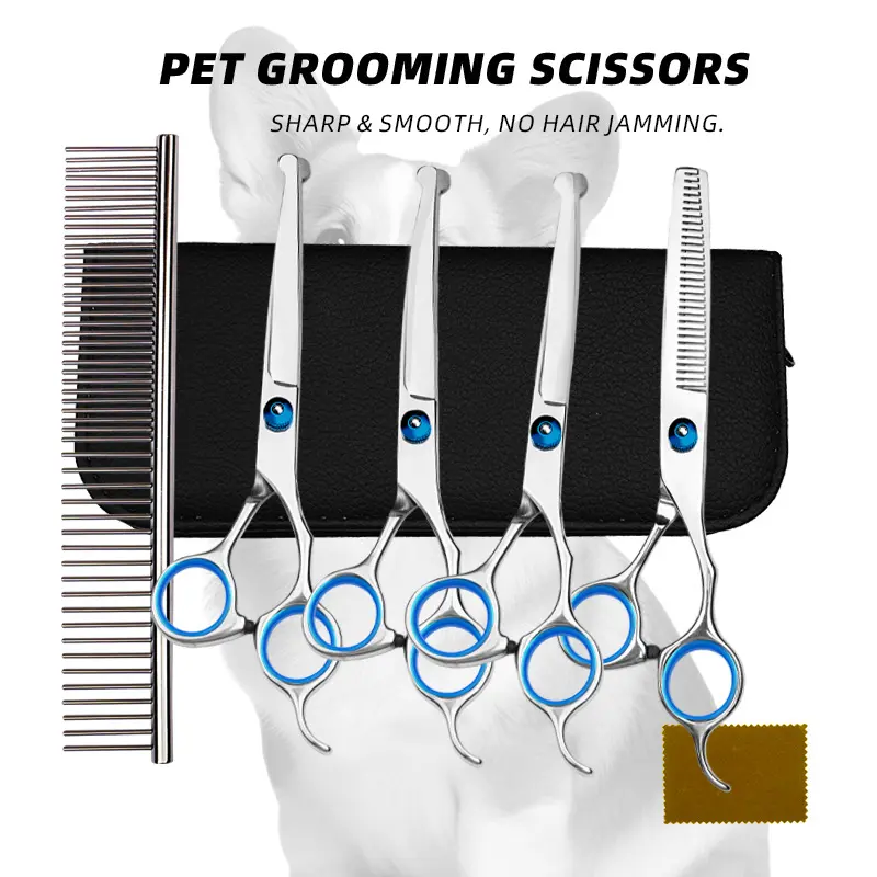 Right-Handed 5-in-1 Professional Pet Grooming Scissors Multi-Pack - Ergonomic Safety Round Shears with Comb, Sharp & Durable for Home Dog & Cat Hair Care