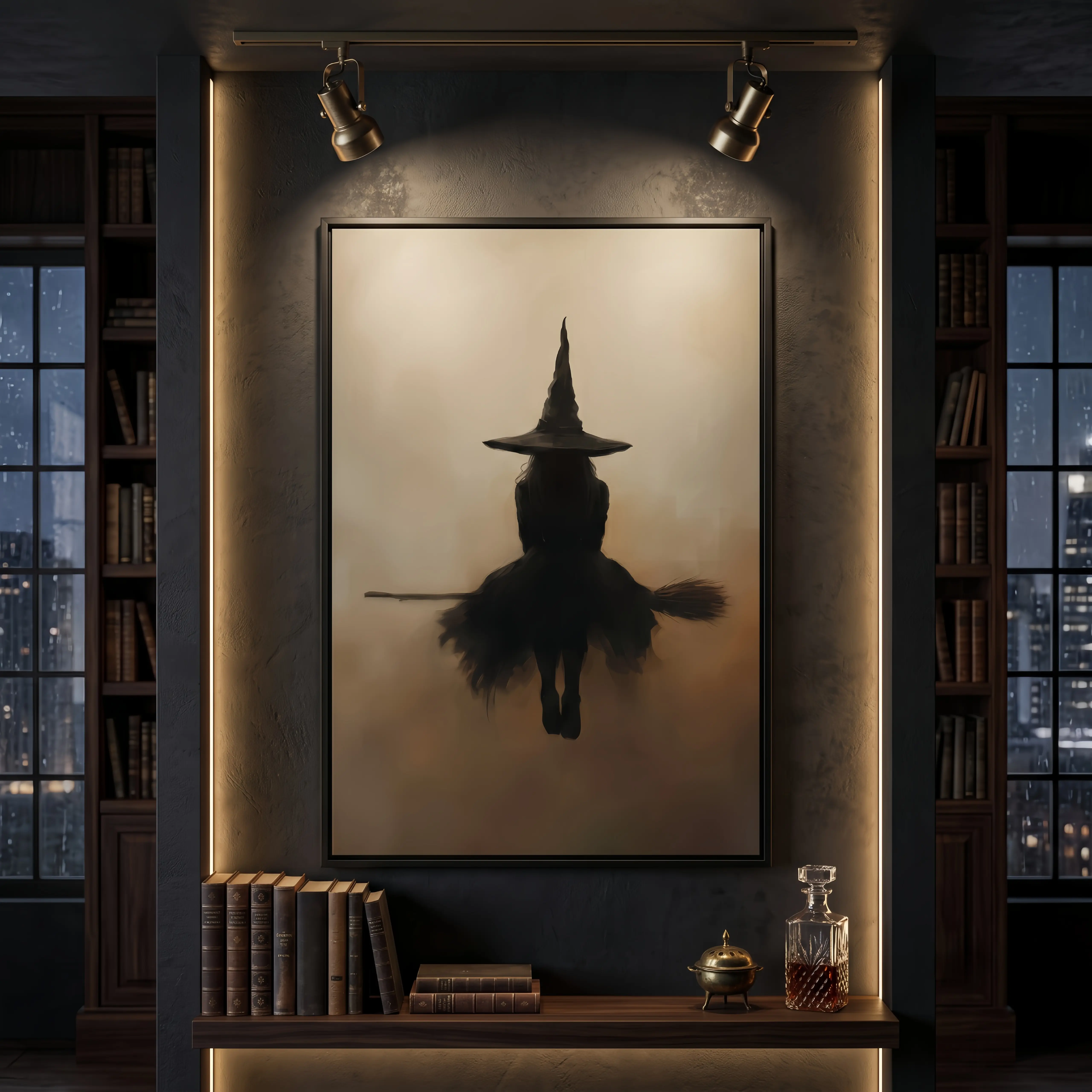 Minimalist "Witch on Broom" Gothic Canvas Wall Art - Premium Wrapped Fabric Mural, Mysterious Dark Aesthetic Beige & Black Poster for Living Room Decor
