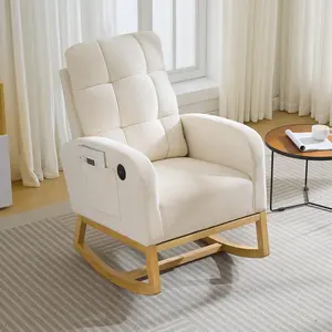 Rocking Chair, Glider Rocker Chairs for Nursery, Modern Rocking Armchair with USB Port and Side Pocket, Linen Fabric Upholstered Glider Chair for Nursing Room, Living Room, Bedroom