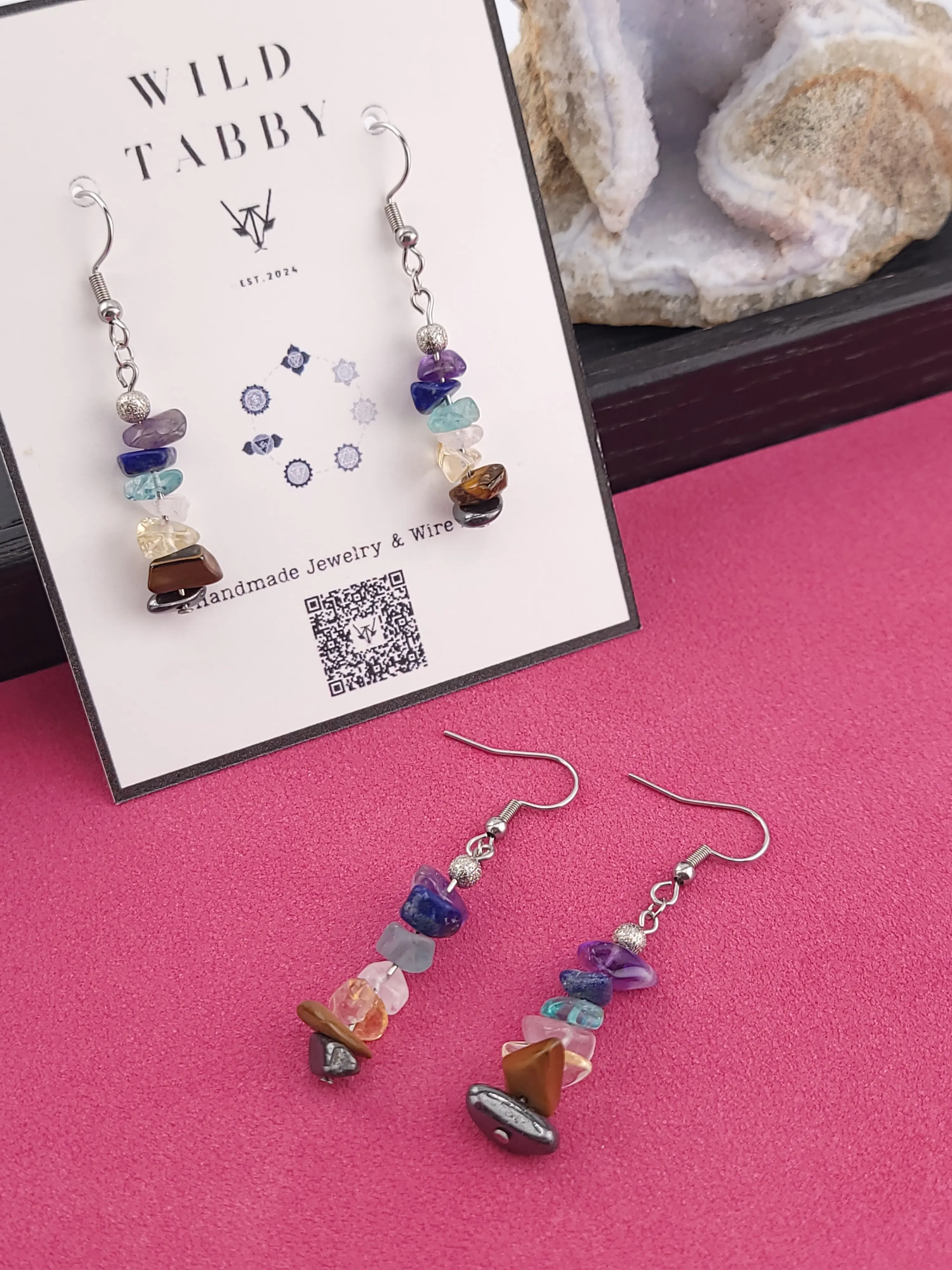 Wild Tabby Handmade Crystal Chip Chakra Earrings Dangle Jewelry for Her Energy Healing Gift Enhances Chakra Energy Perfect for Her