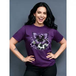 100% cotton butterfly and flower pattern printed T-shirt, short-sleeved round-neck casual top for summer and spring, women's clothing, birthday gift, holiday gift