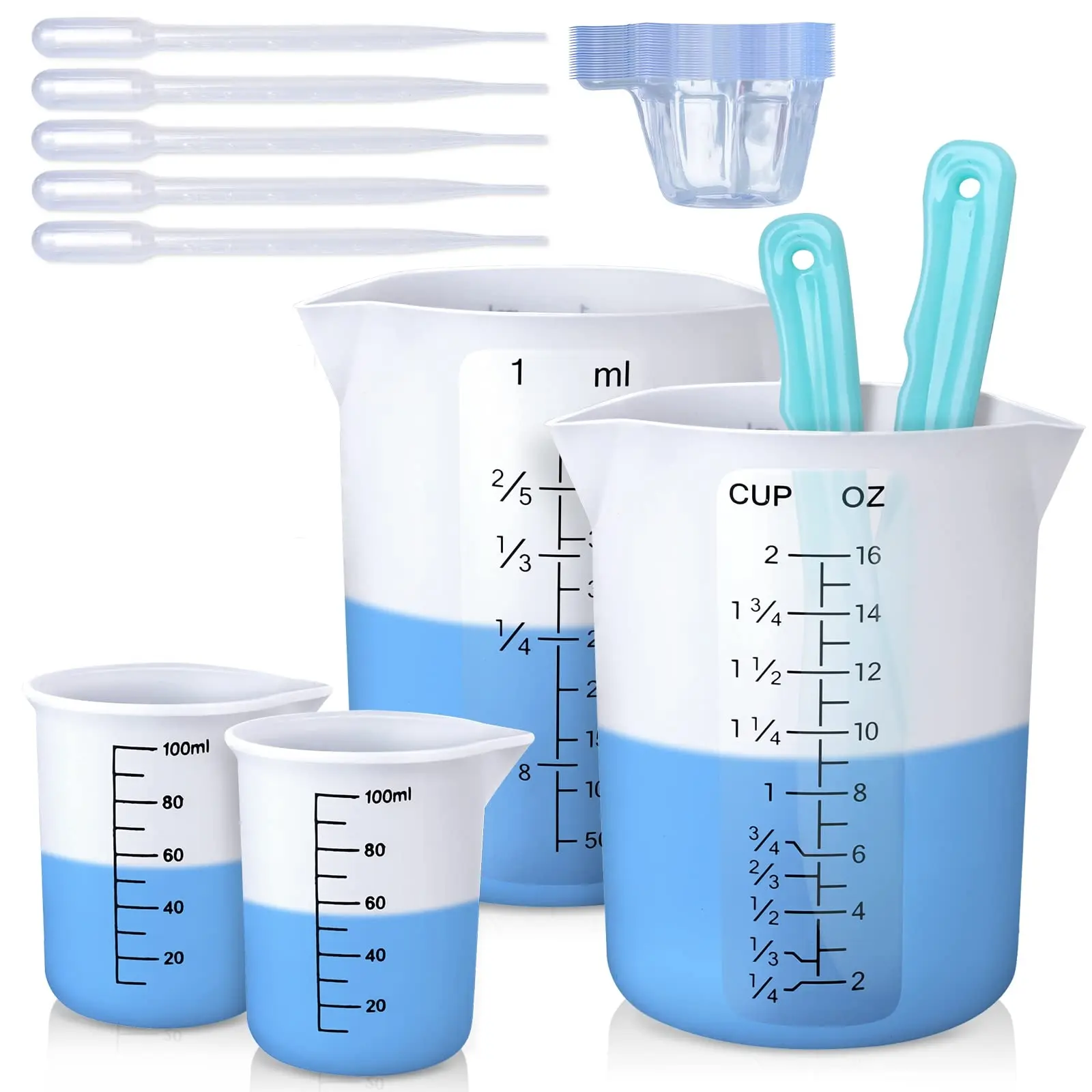 4PCS Silicone Measuring Cups, 450ml Accurate 2 Scales & 100ml Durable Measuring Cups, Epoxy Mixing Cup, Silicone Stirring Sticks, Easy Clean Resin Supplies for Resin Molds, Glitter Tumbler