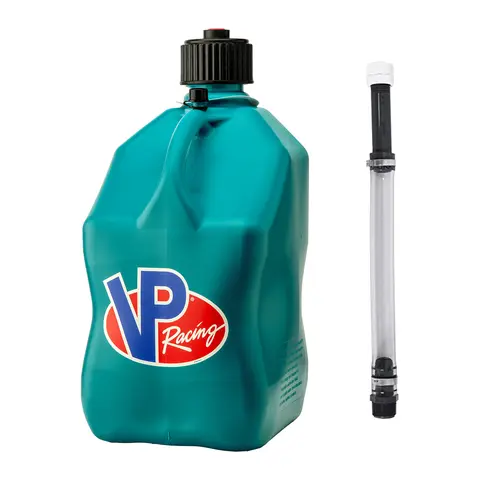 VP Racing 5.5 Gal High Density Polyethylene Utility Jug - Caribbean Blue & Green, Heavy-Duty Motorsport Fluid Storage, 5-Gallon Size Compatible, Contoured Grips, Leak-Proof Ergonomic Design, Quick-Flow Easy-Pour Spout for Off-Road Adventures & Track Days
