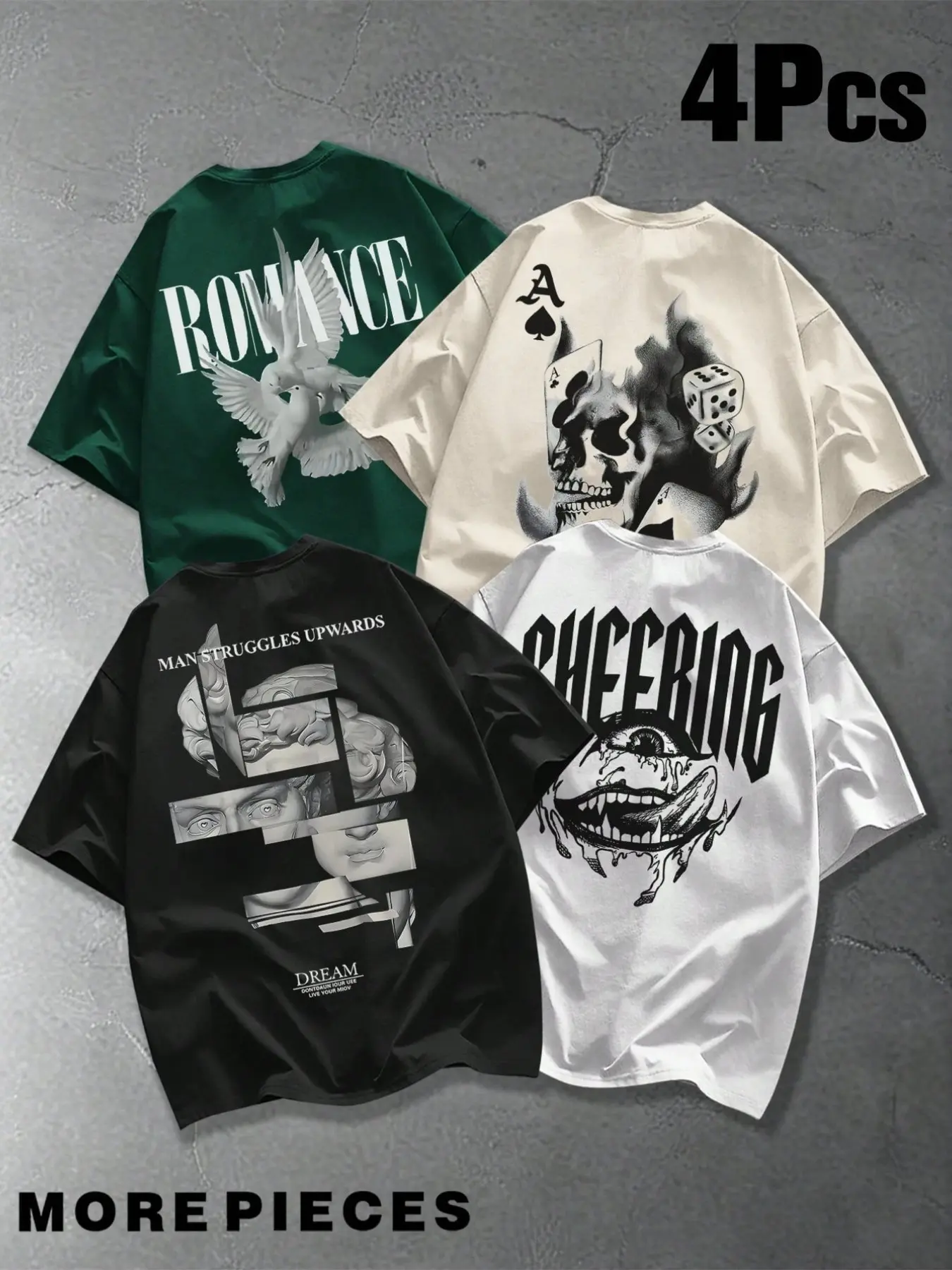 4-Pack Men's Oversized Street Fashion Graphic T-Shirts Bundle - Vintage Streetwear Heavyweight Fabric Tees with Gothic Dove & Skull Prints, Retro Y2K Loose Fit Drop Shoulder Tops for Casual Urban Outfits, Menswear, Casual Streetwear Style