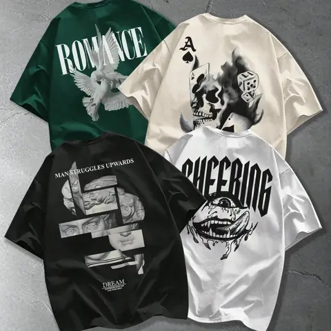 4-Pack Men's Oversized Street Fashion Graphic T-Shirts Bundle - Vintage Streetwear Heavyweight Fabric Tees with Gothic Dove & Skull Prints, Retro Y2K Loose Fit Drop Shoulder Tops for Casual Urban Outfits, Menswear, Casual Streetwear Style